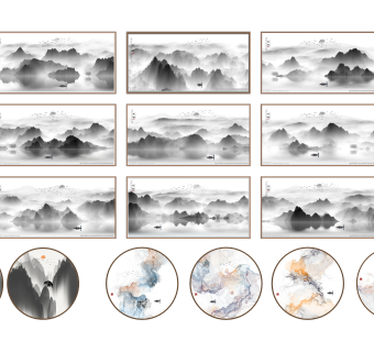 中式新中式意境山水装饰画，横幅圆形挂画su草图模型下载