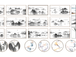 中式新中式意境山水装饰画，横幅圆形挂画su草图模型下载