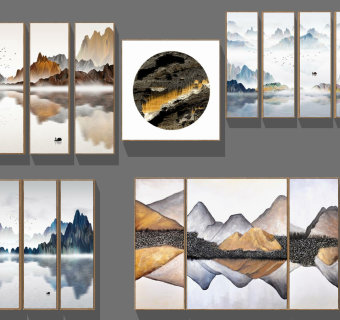 新中式意境山水组合挂画装饰画su草图模型下载