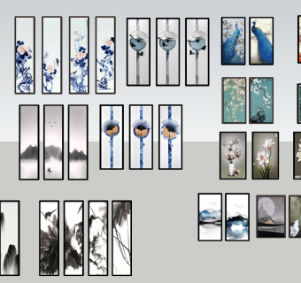 中式新中式水墨意境山水挂画，花鸟扇子孔雀装饰画组合su草图模型下载