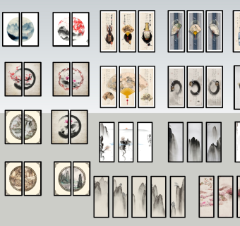 中式新中式意境山水画，扇子花瓶鱼桃花梅花茶壶组合装饰画挂画su草图模型下载