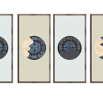 新中式立体四联挂画装饰画su草图模型下载