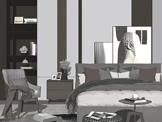 现代高级黑白灰卧室双人床，装饰画，<em>单人</em>沙发，榻，...