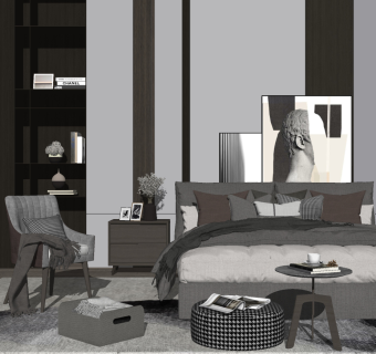 现代高级黑白灰卧室双人床，装饰画，单人沙发，榻，边几，饰品摆件su草图模型下载