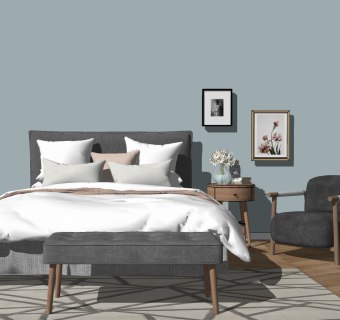 北欧小清新卧室，双人床，单人沙发，床尾凳，装饰挂画绿植盆栽su草图模型下载