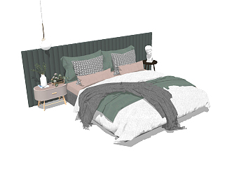 北欧双人床，床头柜，床头小吊灯，<em>雕塑</em>su草图模型下载