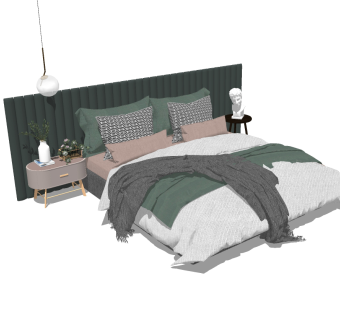 北欧双人床，床头柜，床头小吊灯，雕塑su草图模型下载