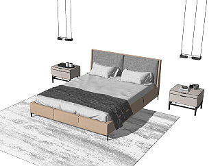现代双人床，床头<em>柜</em>，床头小吊灯，地毯su草图模型下载