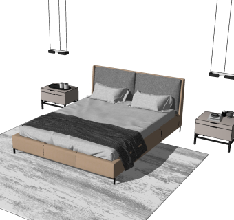 现代双人床，床头柜，床头小吊灯，地毯su草图模型下载