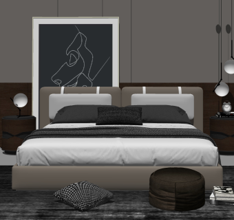 现代双人床，床头柜，床头小吊灯，床头装饰画，墩子su草图模型下载