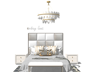 现代双人床，床头柜，吊灯，地毯，床尾<em>凳</em>su草图模型...
