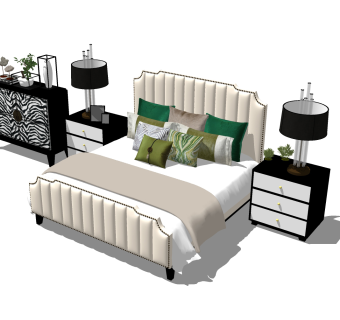 欧式双人床，床头柜，台灯，五斗柜边柜，饰品摆件su草图模型下载