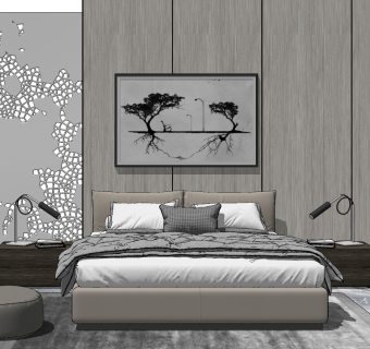 现代床具床头柜组合,现代双人床,床头柜,台灯,挂画,床品,床头背景墙,硬包镂空墙饰su草图模型下载