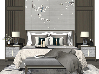 中式新中式双人床，床品，床头柜组合，台灯，摆件，床尾凳，床头背景墙su草图模型下载