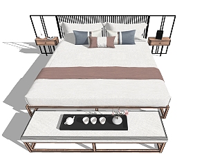 新中式风格双人床，禅意民宿家具，床单，枕头，床尾凳...