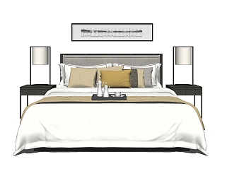 新中式风格双人床，床头柜，台灯，床头立体装饰挂画，摆件托盘su草图模型下载