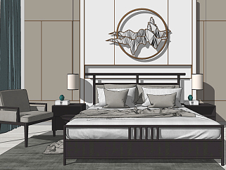 中式新中式卧室双人床，床头柜，<em>单人</em>椅，床头小吊灯，...