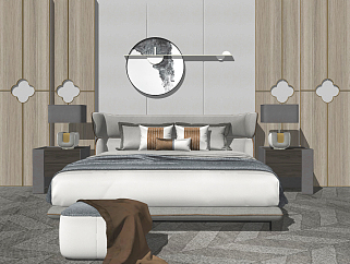 现代双人床，床品，床头柜，台灯，床头背景墙，墩子，墙饰su草图模型下载