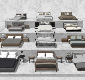 现代简约布艺床，双人床，木质床，金属铁艺床，床头柜su草图模型下载