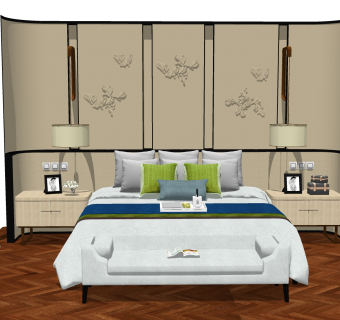 新中式双人床，雕刻立体硬包背景墙，壁灯，床尾凳，摆件，窗帘su草图模型下载