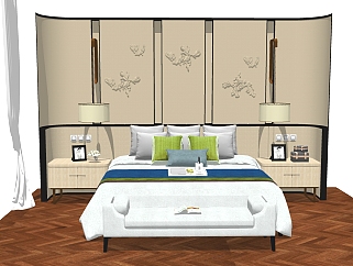 新中式双人床，雕刻立体硬包背景墙，壁灯，床尾凳，摆件，窗帘su草图模型下载
