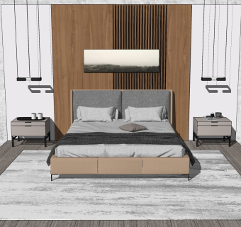 现代简约北欧布艺双人床，床头柜组合，床头小吊灯，床头背景墙，装饰挂画，摆件su草图模型下载