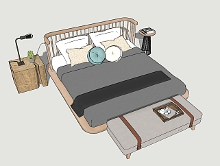 中式新中式双人床，民宿床，床头柜，木头墩子，台灯，...