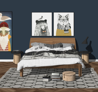 北欧木艺双人床，床头柜，床头装饰挂画组合，台灯su草图模型下载