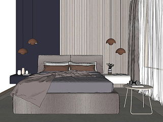现代布艺双人床，床头小吊灯组合，简约，绿植摆件，边几，窗帘su草图模型下载