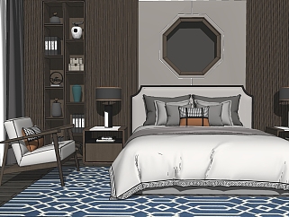 卧室新中式双人床,床头柜,单椅,床头六边形背景墙，台灯，摆件su草图模型下载