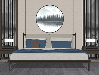 中式新中式双人床，床头柜组合，台灯，床头背景墙，圆形装饰挂画su草图模型下载