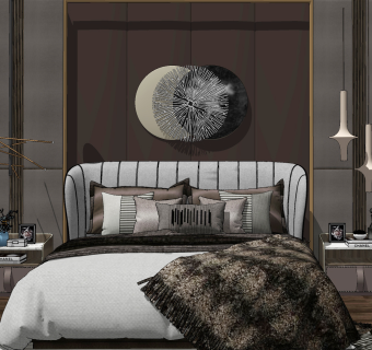 后现代港式双人床,床头柜，床头小吊灯，墙饰，硬包背景墙，花卉花瓶摆件su草图模型下载