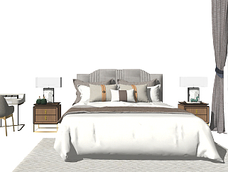 SING新中式双人床，床品，床头柜组合，台灯，梳妆台su草图模型下载