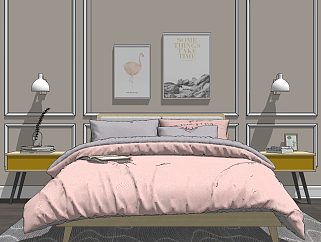 北欧双人床，床头柜，床头壁灯组合， 装饰画，地毯su草图模型下载