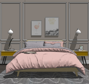 北欧双人床，床头柜，床头壁灯组合， 装饰画，地毯su草图模型下载