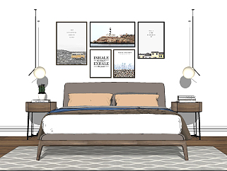 北欧双人床，床头柜，床头小吊灯，照片墙装饰挂画su草图模型下载