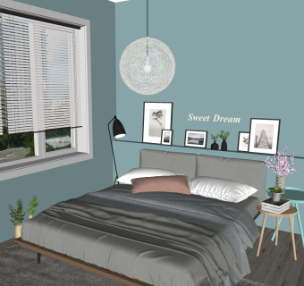 北欧卧室双人床，床头柜边几，装饰画，吊灯，摆件， 花卉绿植， 相框，落地灯su草图模型下载