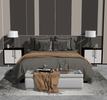 现代双人床，床品，床尾凳，床头柜，台灯，硬包背景墙，地毯su草图模型下载