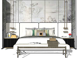 新中式双人床，床品，床尾凳，床头柜，床头小吊灯，摆件，硬包壁画壁纸背景墙su草图模型下载