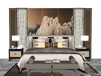 新中式双人床，床品，床尾凳，床头柜，台灯，金属镂空隔断屏风，床头壁画硬包背景墙，摆件su草图模型下载