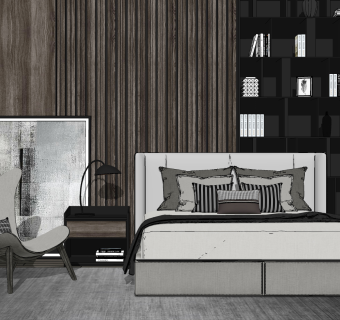 现代双人床，床品，床头柜，台灯，单椅躺椅，书摆件，装饰画su草图模型下载