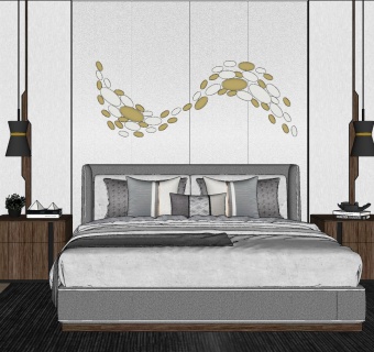 现代轻奢双人床，床品，床头柜,床头小吊灯，靠枕，地毯，绿植，金属墙饰su草图模型下载