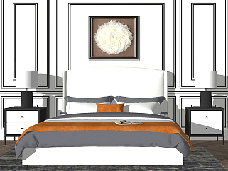 现代双人床，床头柜，台灯，立体墙头装饰挂画su草图模型下载