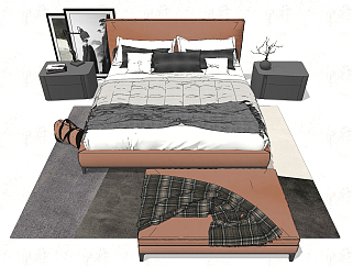 现代双人床，床头柜，台灯，床尾凳...<em>床品</em>su草图模型下载