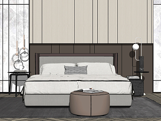 现代双人床，床头柜组合，床头小吊灯，摆件，墩子床尾...