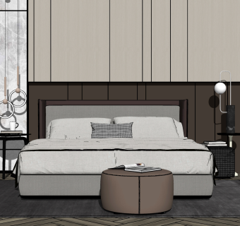 现代双人床，床头柜组合，床头小吊灯，摆件，墩子床尾凳，床头背景墙su草图模型下载