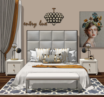 现代意大利芬迪FENDI，现代双人床，床头柜，吊灯，挂画，台灯，床品，床尾凳，窗帘，相框su草图模型下载