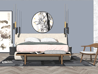 新中式双人床，床头小...<em>床头柜</em>，床尾凳su草图模型下载