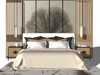 新中式双人床，床头柜，床头小吊灯，花瓶摆件，床头背景墙，地毯su草图模型下载