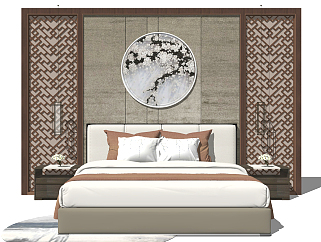 中式新中式双人床，床头<em>柜</em>，床头的小吊灯，床头雕花...